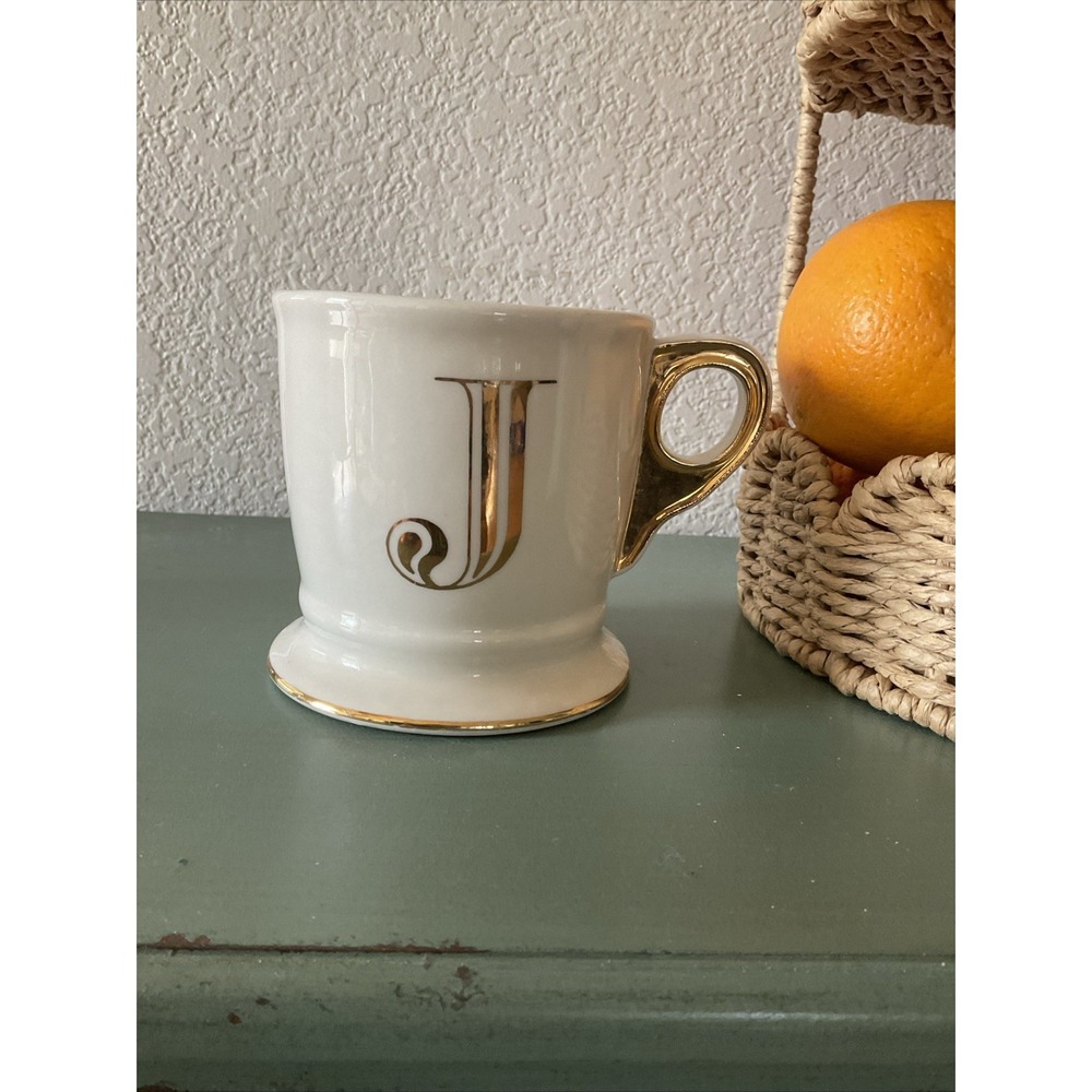 Anthropologie GOLD MONOGRAM - J 14oz White Shaving Style Mug Trim Letter Initial